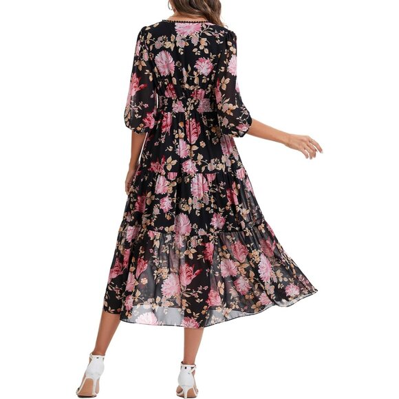 Women's Boho Chiffon Dress Large V Neck 3/4 Sleeve Long Flowy Casual - Picture 5 of 5